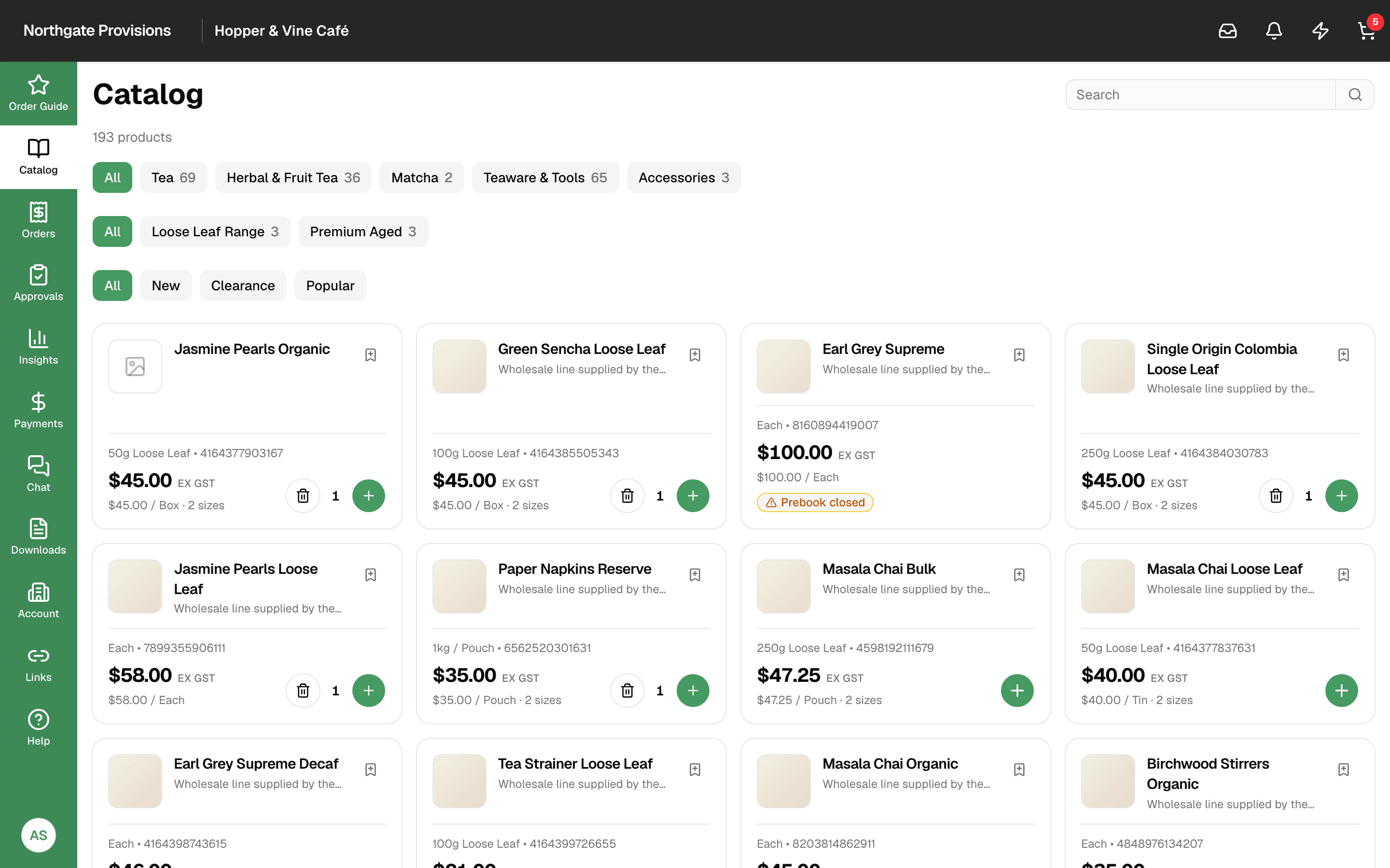 The Carrots catalogue browser showing the full product range with category filters and search.