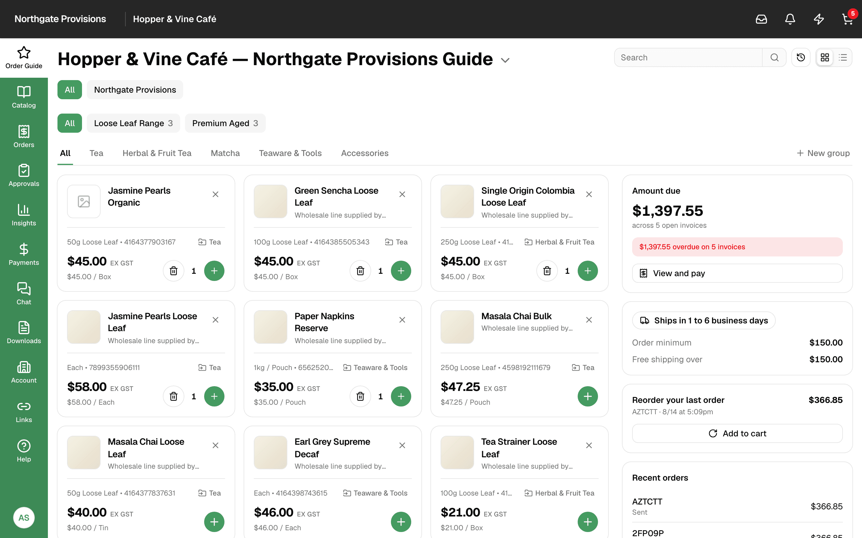 The Carrots buyer storefront showing an account's order guide: product groups, per-unit pricing, quantity steppers, and a side panel with amount due, delivery cut-off and a one-click reorder.