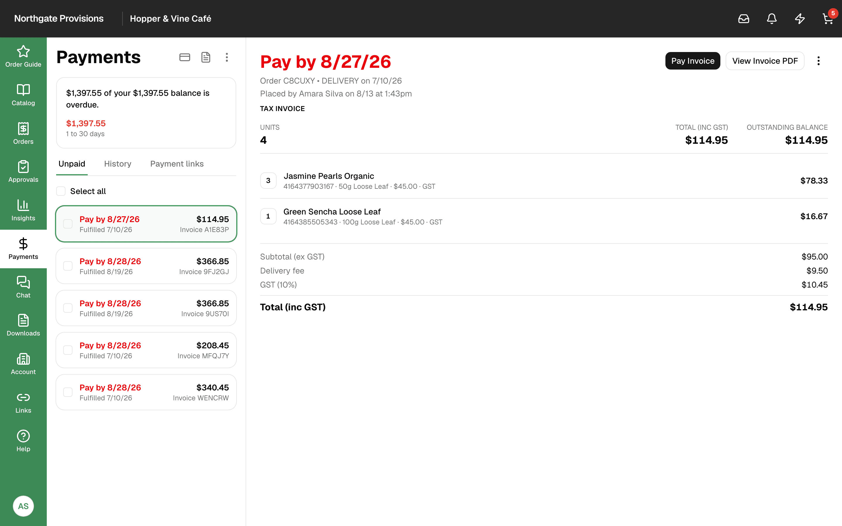 The Carrots payments screen showing outstanding invoices, amounts due and payment options.
